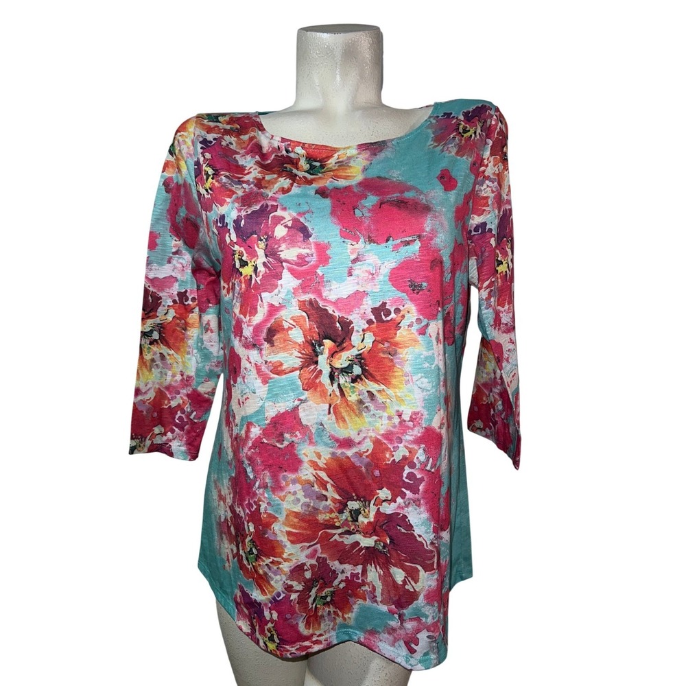 Drapers & Damons Womens Large Floral Knit Top Teal Pink 3/4 Sleeve Scoop Neck L